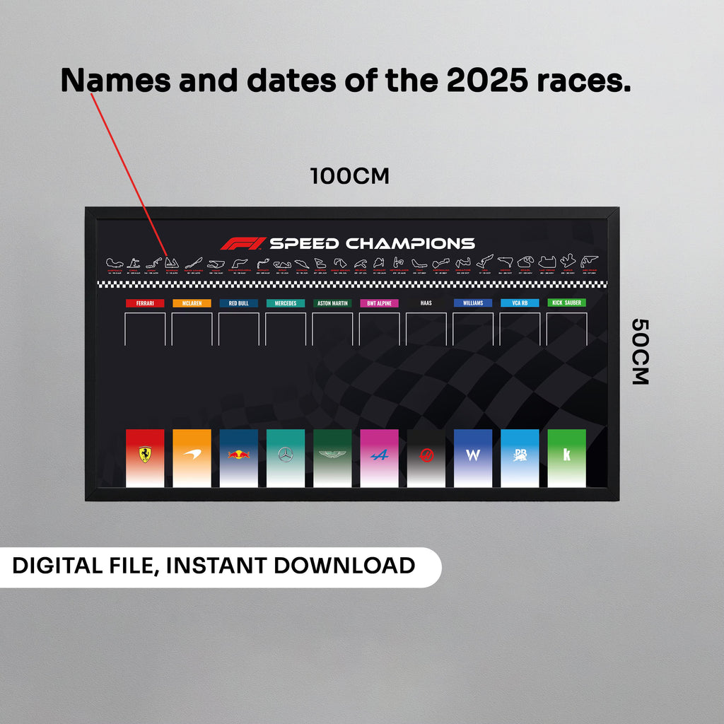 F1 Speed Champions Poster 100x50cm | Tracks & Dates | Digital Download
