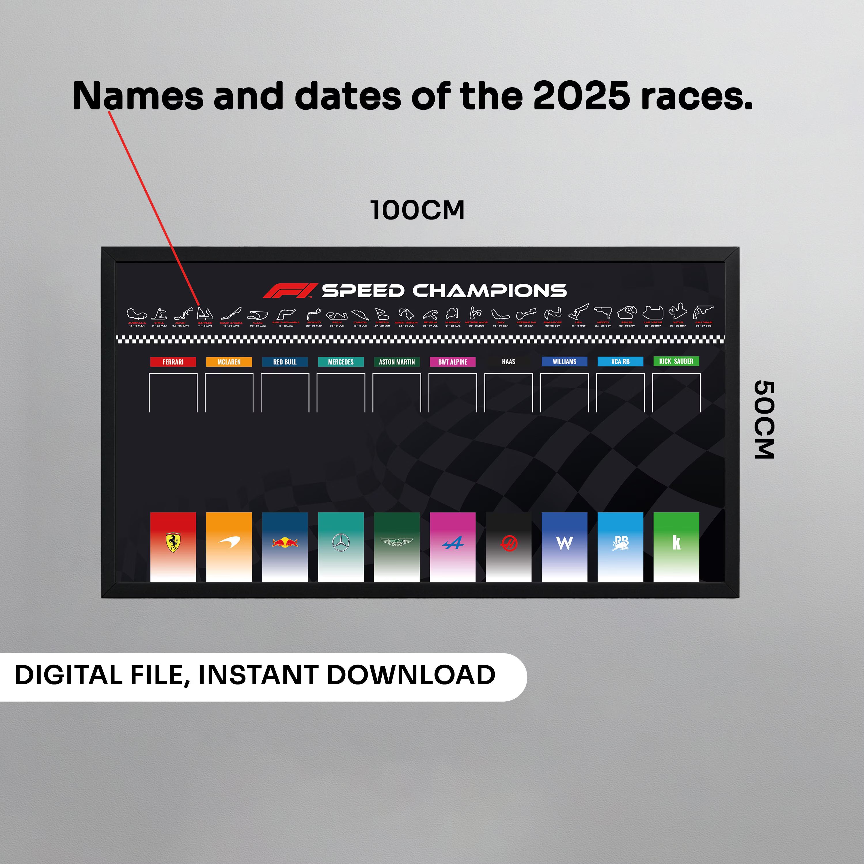 F1 Speed Champions Poster 100x50cm | Tracks & Dates | Digital Download